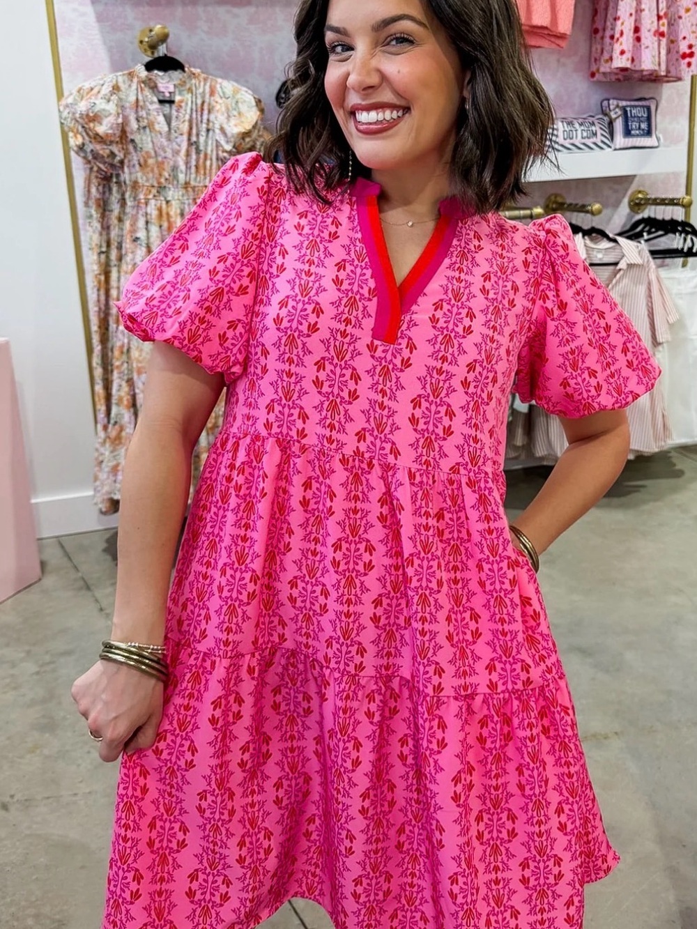 Girls' Pink Floral Tiered Puff-Sleeve Dress